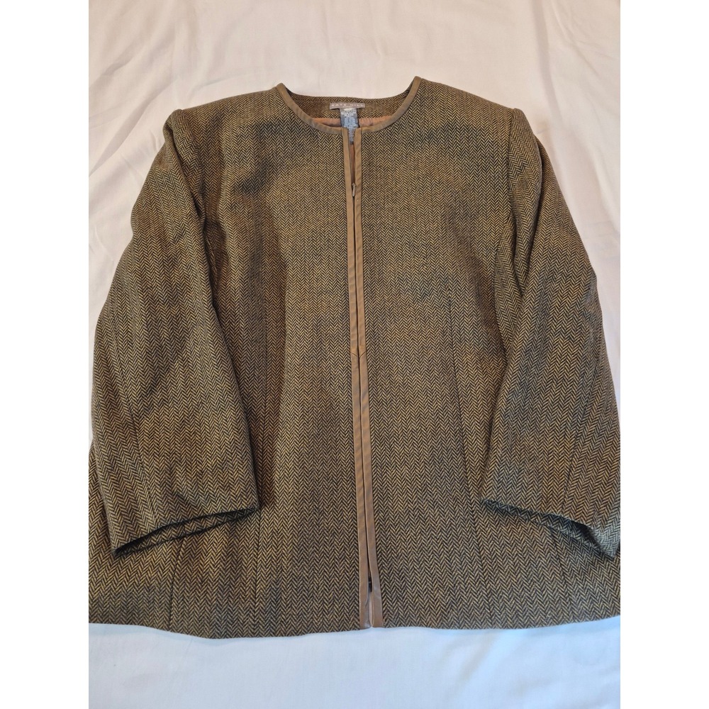 Kate Hill Women Brown Herringbone Wool Blend Leather Trim Zip Blazer Jacket 20W - Picture 7 of 9